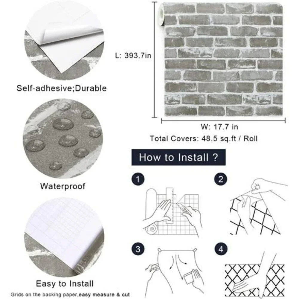 Gray Brick Peel and Stick Wallpaper 3D Faux Stone Removable Vinyl Roll